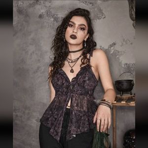 NWT Romwe Medium Purple and Black Semi Sheer Tie Cami